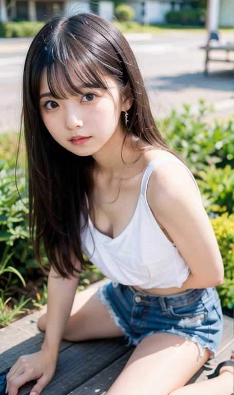 Highest quality, RAW Photos, Realistic, face, Incredibly beautiful girl, cute, Long Hair，garden，White tank top, Denim shorts, chest, 平らな chest, small,( small bust: 1.2), small bust, (slim, small, flat, small), thin, Delicate and sexy, Sharp clavicle, flatカラーの背景, ((faceのアップ:1.3)), gravure,View your audience, slouch, Top view, On all fours