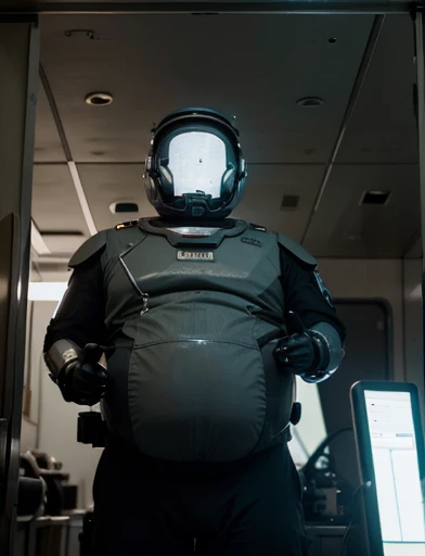 4K, masterpiece, detailded.💚((tmasterpiece)),(((best qualtiy))),(CharacterDesignSheet,Same role,frontage,Lateral face,on back),concept-art,concept art of character,Character sketches,reference sheet,Role table,💚,The captain of the astronauts is a plump, chubby man, extremely thick thighs, a large belly, fat. Passing inside the spaceship laboratory , he checks an analysis under the microscope. His arms are holding digital analysis devices. He wears a spacesuit
