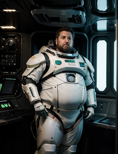 Masterpiece detalhado, Ele está sentado na cadeira de piloto de nave espacial. (((Ele tem o braço direito de robô, Ele está sentando na cadeira pilotando a espaçonave))), 4K, masterpiece, detailded.💚((tmasterpiece)),(((best qualtiy))),(CharacterDesignSheet,Same role,frontage,Lateral face,on back),concept-art,concept art of character,Character sketches,reference sheet,Role table,💚,The captain of the astronauts is a plump, chubby man, extremely thick thighs, a large belly, fat. Passing inside the spaceship laboratory , he checks an analysis under the microscope. His arms are holding digital analysis devices. He wears a spacesuit.