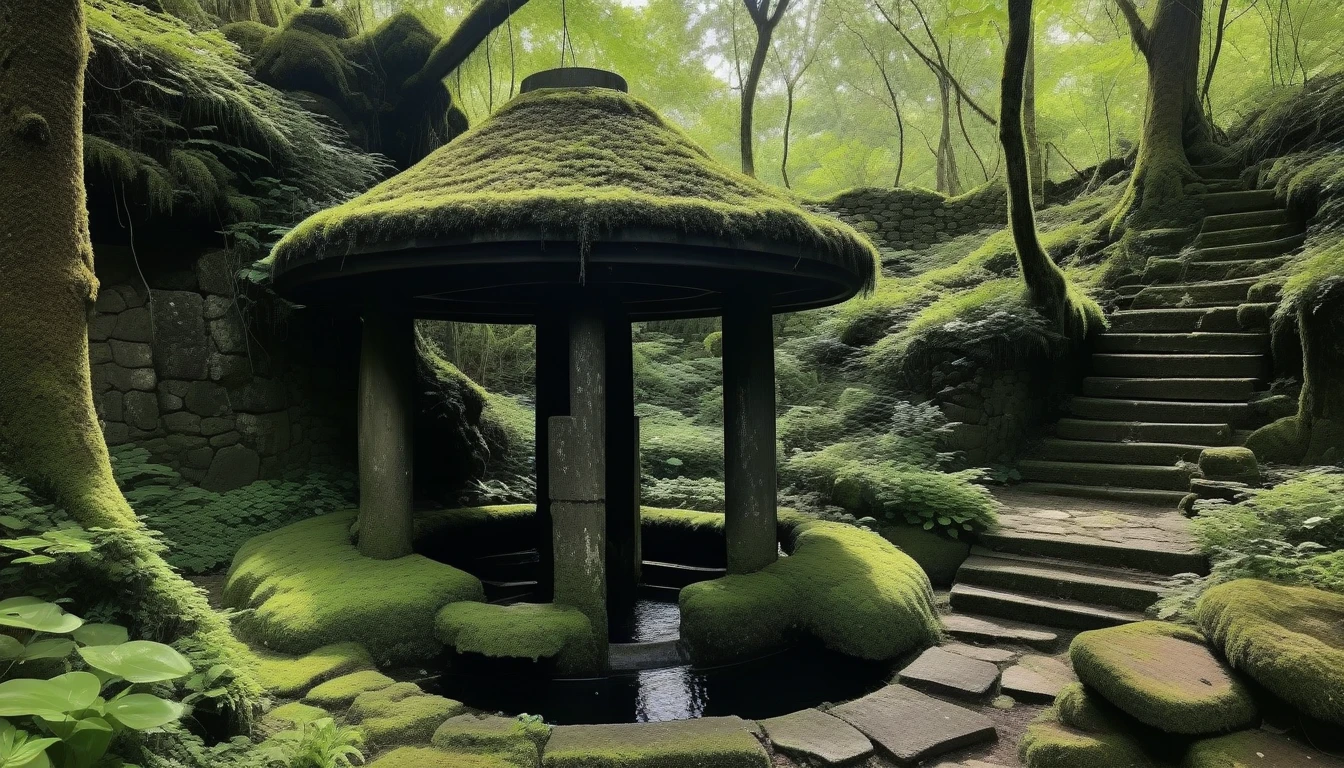 An old well hidden away deep in the forest。The well is surrounded by piles of moss-covered stones.、Deep darkness spreads at the bottom of the well。There are old trees around the well.々Overgrown、There is a mysterious and eerie atmosphere。