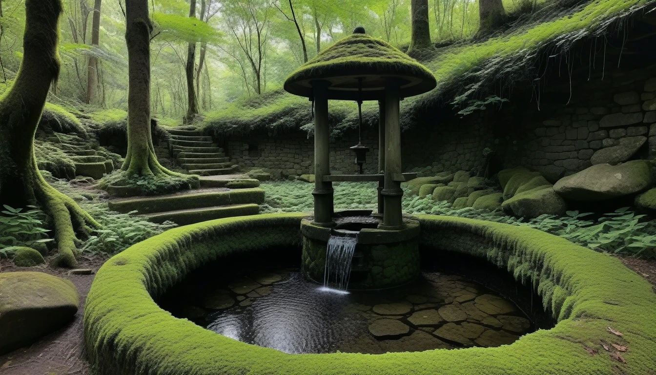 An old well hidden away deep in the forest。The well is surrounded by piles of moss-covered stones.、Deep darkness spreads at the bottom of the well。There are old trees around the well.々Overgrown、There is a mysterious and eerie atmosphere。