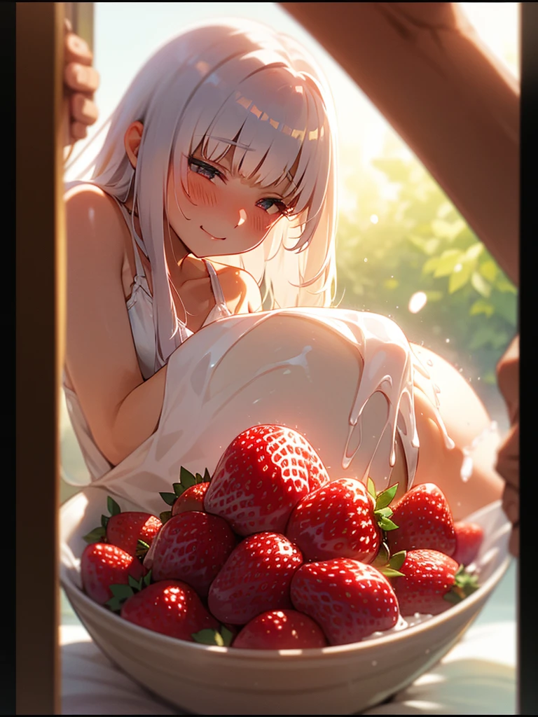 (Sumilux f1.4 50mm , low Latitude old color negative film , cross process , bokeh, flare, chromatic aberration , soft focus, (Shallow focus) , soft glow , Maximum aperture, low Key , Transparent depiction) , coquettish girl , showing off 2 small strawberrys , strawberry to mouth , Caressing the strawberries , Pour condensed milk