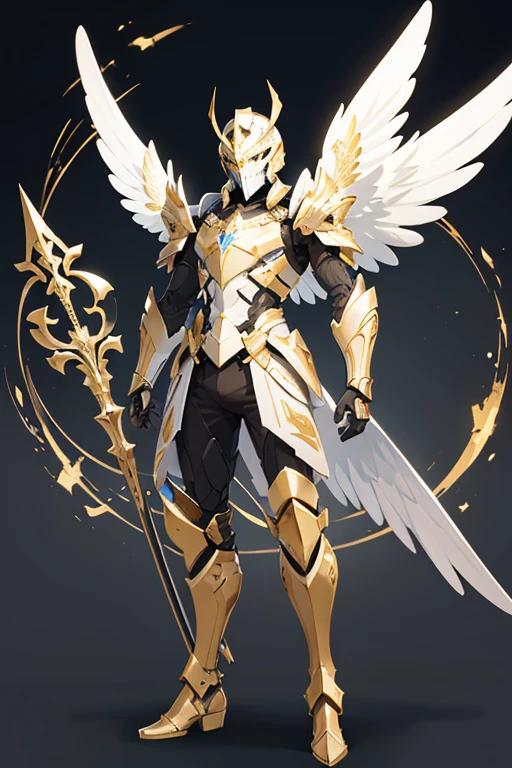 angel exoskeleton armor helmet with cross symbol templars gold color with a spear in hand full body facing the viewer white background