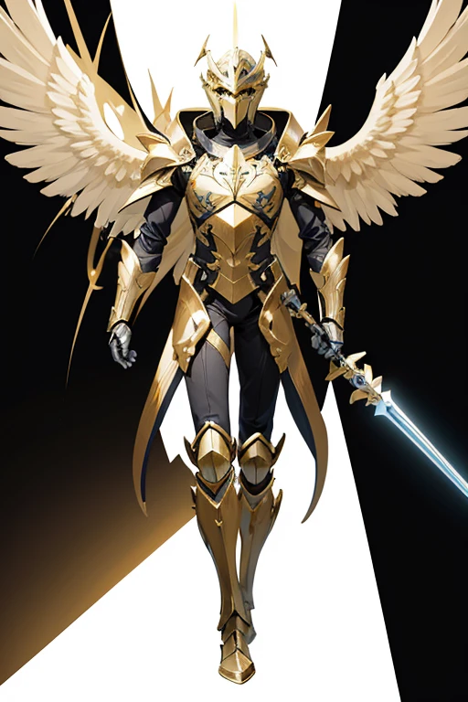 angel exoskeleton armor helmet with cross symbol templars gold color with a spear in hand full body facing the viewer white background