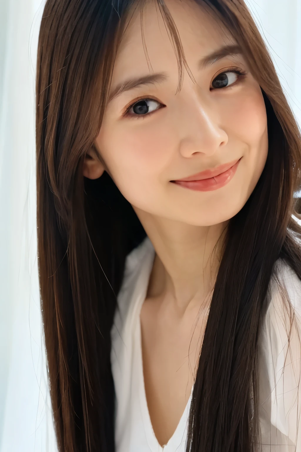 Photorealistic, high-quality 32k photo,35mm lens, f/1, Simple and beautiful Japanese women,((Black medium long hair, chest: 1.2)), A soft smile,A white room bathed in pale sunlight,Backlight,She is not wearing a bra under her white camisole dress