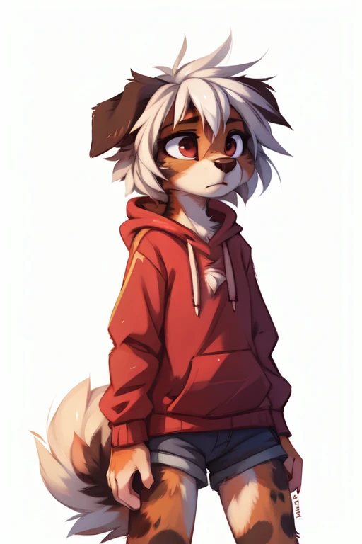 (((White background, no background))), High quality, 8K, by kenket, by swaybat, by reysi, by Zackary911, by hyattlen, by teranen, by fumiko, by Pixelsketcher, by Bayard Wu, by Einshelm, by Kilinah, by Hioshiru, by fluff-kevlar, by Dimwitdog, Furry, Anthro, solo, ((australian shepard)), ((female)), ((young)), fluffy tail, ((slender)), ((short white hair)), chest fluff, short, small breasts, bikini bottoms, pullover hoodie, bored, uninterested, hunched over, annoying, mad, upset, frown,