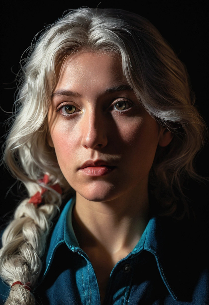 (front focus),(in the dark:1.6), Hyperrealist portrait of female by david hockney and alphonse mucha,fantasy art, photo realistic, dynamic lighting, artstation, poster, volumetric lighting, very detailed faces, 4 k, award winning,, 1girl, in the dark, deep shadow, low key,cowboy shot,(official clothing:1.4) ,long hair,white hair,