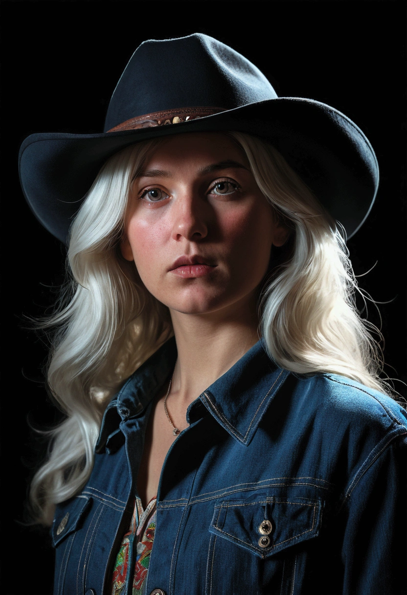 Hyperrealist portrait of female by david hockney and alphonse mucha,fantasy art, photo realistic, dynamic lighting, artstation, poster, volumetric lighting, very detailed faces, 4 k, award winning,, 1girl, in the dark, deep shadow, low key,cowboy shot,(official clothing:1.4) ,long hair,white hair,