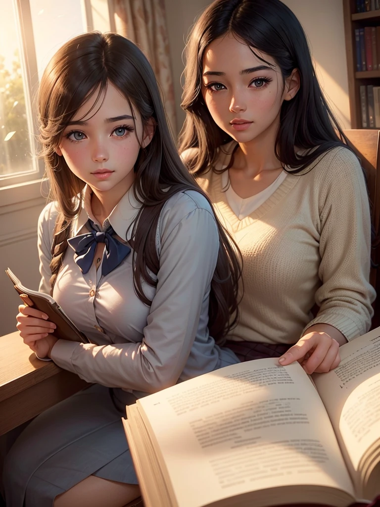 a girl studying at the university, dreamy, in love, beautiful detailed eyes, beautiful detailed lips, extremely detailed eyes and face, long eyelashes, detailed school uniform, sitting in a library, reading a book, sunlight streaming through the windows, soft lighting, warm color tones, cinematic, photorealistic, 8k, high quality, masterpiece