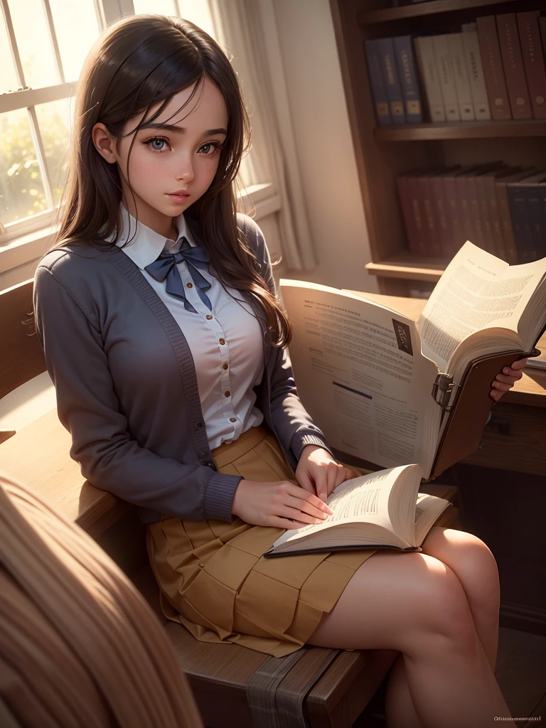 a girl studying at the university, dreamy, in love, beautiful detailed eyes, beautiful detailed lips, extremely detailed eyes and face, long eyelashes, detailed school uniform, sitting in a library, reading a book, sunlight streaming through the windows, soft lighting, warm color tones, cinematic, photorealistic, 8k, high quality, masterpiece