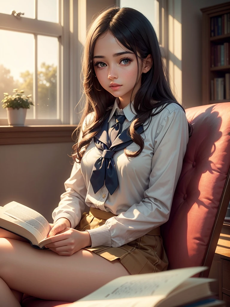 a girl studying at the university, dreamy, in love, beautiful detailed eyes, beautiful detailed lips, extremely detailed eyes and face, long eyelashes, detailed school uniform, sitting in a library, reading a book, sunlight streaming through the windows, soft lighting, warm color tones, cinematic, photorealistic, 8k, high quality, masterpiece