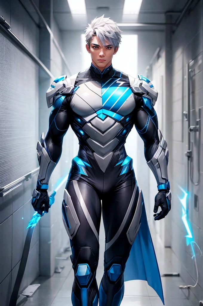 (A muscular, athletic -yeld mawith blue and black lightning particles emitting from his body), 3D render, clean HD, 8K resolution, highly detailed. Maintain the same color palette as the reference image: blue, gray, white, and black. Convert the attached image to a male character wearing futuristic clothing. Hair should incorporate shades of black, blue, gray, and white.

