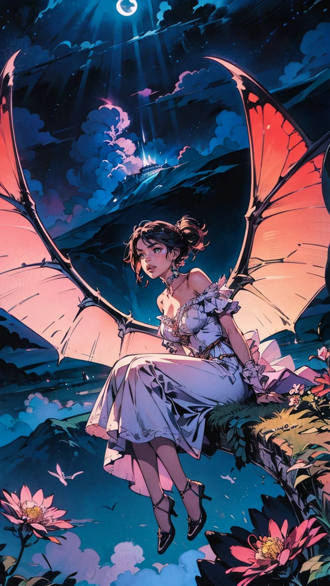 ((best quality)), ((masterpiece)), (detailed), ethereal beauty, perched on a pink blossom tree, (fantasy illustration:1.3), enchanting gaze, captivating pose, solo girl, delicate butterfly wings, otherworldly charm, mystical sky, (Luis Royo:1.2), (Yoshitaka Amano:1.1), moonlit night, soft colors, (detailed cloudscape:1.3), (high-resolution:1.2) (dragon flying in the sky) long white dress, legs dangling above pond, long victorian dress,