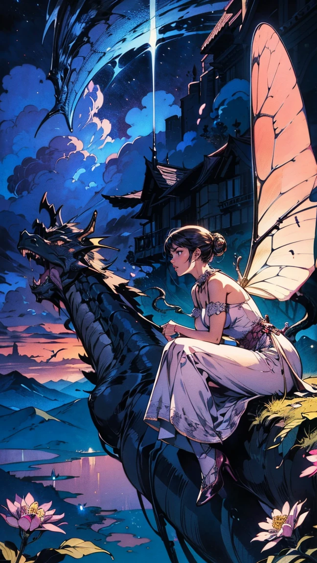 ((best quality)), ((masterpiece)), (detailed), ethereal beauty, perched on a pink blossom tree, (fantasy illustration:1.3), enchanting gaze, captivating pose, solo girl, delicate butterfly wings, otherworldly charm, mystical sky, (Luis Royo:1.2), (Yoshitaka Amano:1.1), moonlit night, soft colors, (detailed cloudscape:1.3), (high-resolution:1.2) (dragon flying in the sky) long white dress, legs dangling above pond, long victorian dress,