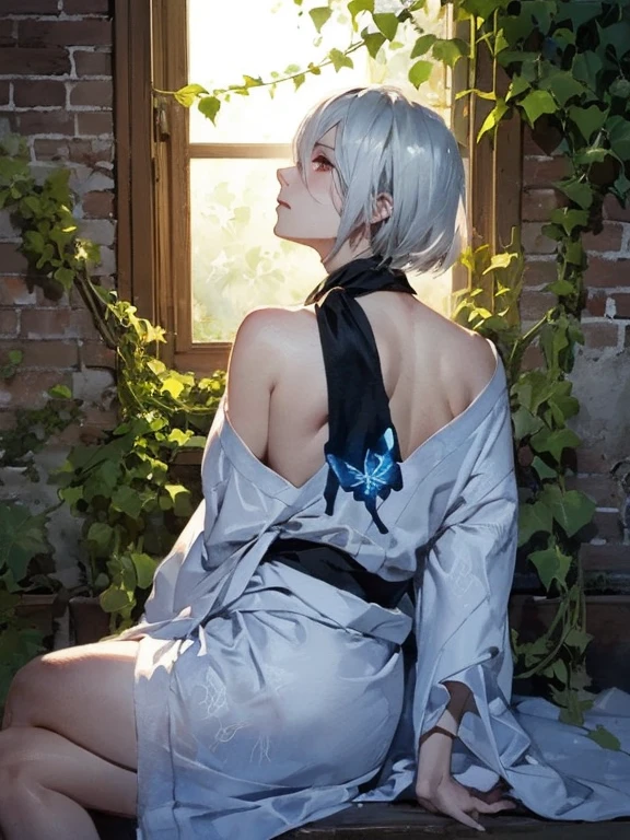 {erotic face,anguish,(patience:1.1),(very ???????:1.2),(writhing:1.4),embarrassing,half open eye},{(blue glowing eyes:1.4),(sensual look:1.4)},BREAK,{(obscene pose:1.2),(arched back:1.2),(arch one's head:1.4)},BREAK,{(realistic photo graphic style:1.2),(watercolor image:1.4),(sketch drawing),overall light color},{(simple configuration:1.1),(profile:1.2),(look away:1.2)},{(Part of the stucco wall is ivory_white_brick),(ivy crawl on the wall:1.4)},BREAK,{(butterfly pattern on pearl_colored yukata:1.4),(disheveled yukata:1.4)},BREAK,{(clavicle:1.2),(cleavage between breasts:1),(shoulder:1.2),(thigh:1.4),(armpits:1),(sweat on the neck:1.2),Fascinating nape},BREAK,{(solo, YoRHa type of Nier Automa):1.2, (white_silver colored hair:1.4), short cut hair, (blue glowing eyes:1.4),(black bandana in hair:1.5)},BREAK,{(masterpiece,best quality, 8K UHD, extremely detailed CG, detailed beautiful face and eyes and skin and hair)}