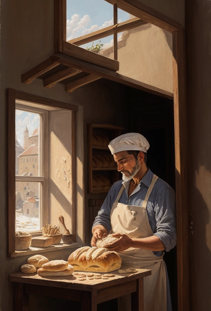Oil painting of man making bread. With a window at the same time.