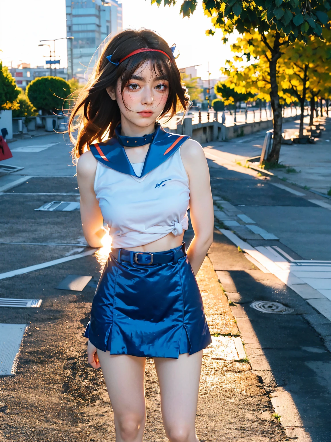 (1 lady), (Best quality at best:1.4), (ultra - detailed), (extremely detailed CG unified 16k), A Beautiful Woman with Perfect Figure: 1.4, Sharp Focus: 1.2, very detailed, High-definition RAW color photo, professional photoshooting, amazing face and eyes, cosmetics, (amazingly beautiful girl), ((suzumiya haruhi)), NOT Dasha Taran, ((kita high sch0ol uniform, blue sailor collar, blue skirt, armband, hairband, medium long hair, ribbon, socks)), standing, nature, tree, park, realistic cinematic face, head to feet long wide zoomed out view, full body long view, photorealistic, she is standing straight, ((realistic natural caramel brown hair style, brown eyes)), gorgeous, extremely beautiful face, perfect model beauty, pout mouth, Highly Detailed Face and Skin Texture, Detailed Eyes, Double Eyelids, Medium Breasts, smiling hard, western, (masterpiece), best quality, high resolution, extremely detailed, blurred background, depth of field, cinematic lighting, amazing legs, combat boots, clear and well-cared skin,