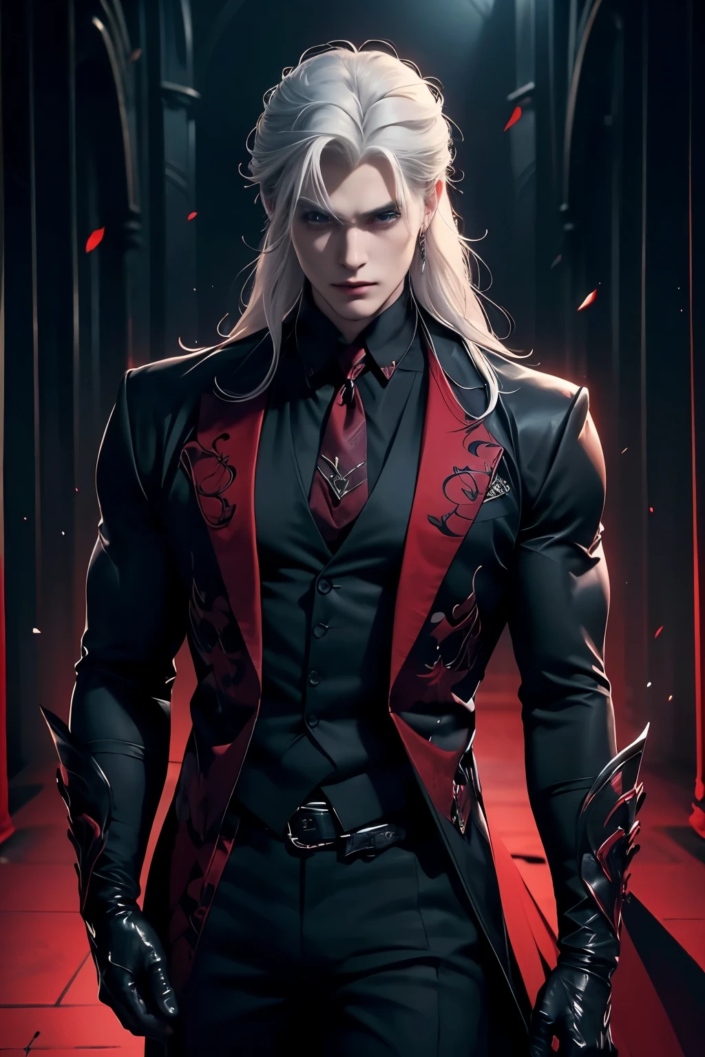 ((Best quality)), ((masterpiece)), 8k (detailed), ((perfect face)), perfect proporcions, ((halfbody)) he is a sorcerer, he is 40 years old, he dresses in a black and red suit, elegante, gothic style, he has blue eyes, he has long wavy white hair, he is in a ballroom, ballroom, he is strong and muscular, he has the bare torso, he is a vampire ((perfect face)) sexy male, gothic make up ((fullfbody)) white hair, he is very elegante, dominant, man face, ((perfect eyes)) 