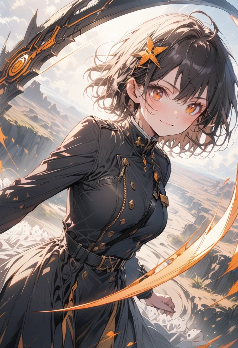 best_quality, hi_res, (masterpiece), absurd_res Highly_detailed, 4k, high_detail, detailed_background,, (masterpiece:1.2), best quality,midjourney, 1girl, solo, short hair, black hair, looking at viewer, long sleeves, black suit, (white shirt), bangs, hair ornament, heterochromia, purple and orange eyes, (wasteland desert background), closed mouth, stern_expression, Full body, (standing_on_the_edge_of_a_cliff), (raised_arms), front_view, bright_sky, cliff, ((holding futuristic scythe)), (detailed_face), (detailed_eyes), (long_black_trench_coat), windy, (orange_aura). Leave room at the top or bottom for book title