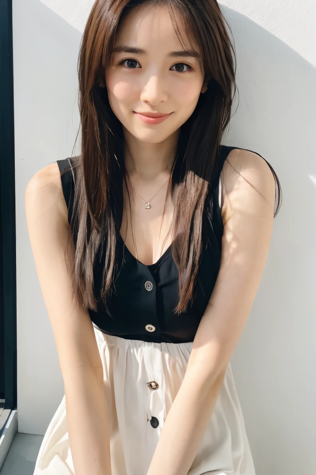 ((Perfect full nude depiction:1.3)、(Complete Hand:1.3)、(Face it head on)、Realistic、RAW Photos、Tabletop、highest quality、High resolution、Delicate and beautiful、A perfect smile、Beautiful details、Fair skin、Real Humans、((Thin legs))、(Black Hair):1.2), 8k, Fully nude 11 year old girl, 85mm,公式AR RAW Photos, Super slim slender beautiful girl、Lower body nude、Expose the lower body、Sit with your legs wide apart、Show your crotch