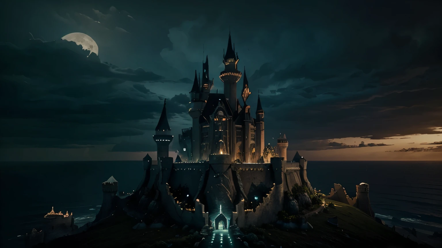 A fantasy castle on top of a cliff, that is located in the distance of a large landscape around the sea, but everything is in a state of chaos and destruction. Have a horror or mystery atmosphere. May the castle be reassembled and destroyed, surrounded by evil energy with a dark aura.