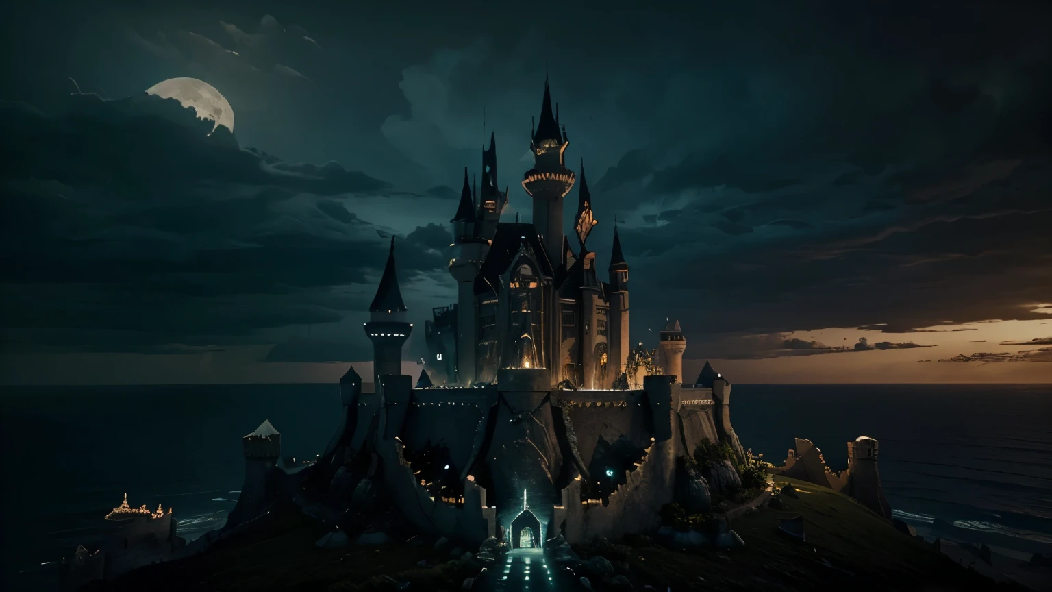 A fantasy castle on top of a cliff, that is located in the distance of a large landscape around the sea, but everything is in a state of chaos and destruction. Have a horror or mystery atmosphere. May the castle be reassembled and destroyed, surrounded by evil energy with a dark aura.