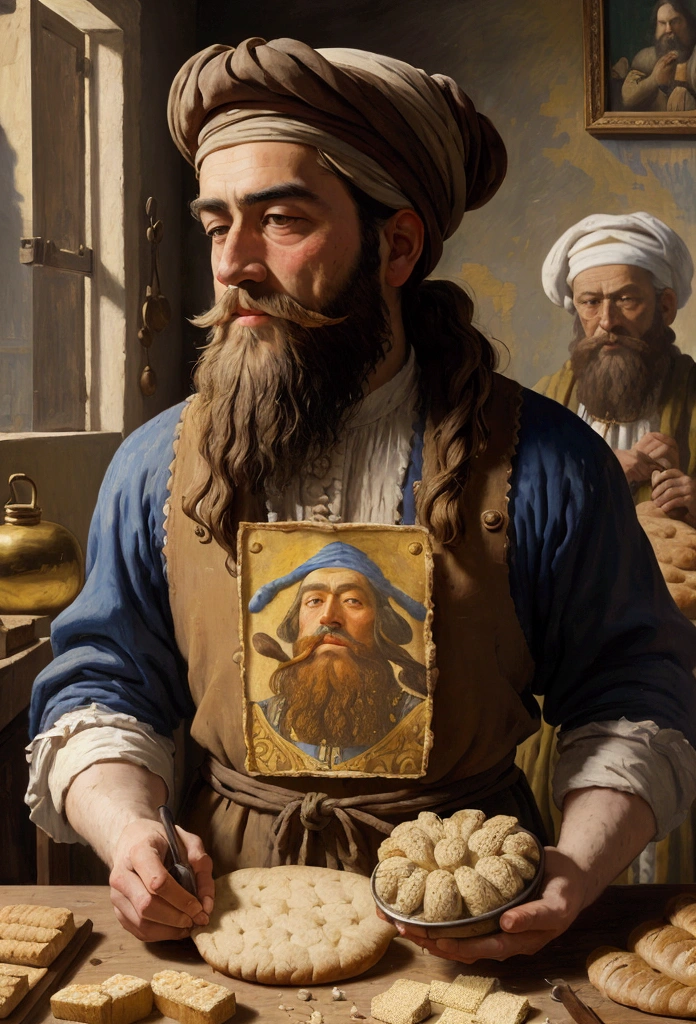May man without beard making bread , oil painting by Johannes Vermeer, Claude Monet, Gustav Klimt, Pablo Picasso and Salvador Dalí