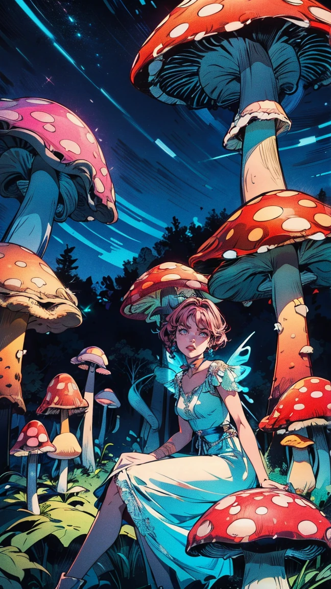 aa picture of an exquisite beautiful female fairy sitting on a (Bioluminescent Mushroom: 1.4) under the starry night sky at the forest, dynamic angle (ultra detailed, Masterpiece, best quality), ultra detailed face (ultra detailed, Masterpiece, best quality), ultra feminine, fare skin, (pink hair: 1.2), wavy hair, dynamic eyes color, glowing eyes, intense eyes, red lips, wearing white dress, elegant silk dress (ultra detailed, Masterpiece, best quality),  fairy wings DonMF41ryW1ng5XL (ultra detailed, Masterpiece, best quality), wearing high heeled boots, phosphorous glowing colouredglazecd_xl (Bioluminescent Mushroom: 1.3), with vibrant green shade, vibrant blue shade, glowing particle sky full of stars background, moon, beat details, best quality, 8k, [ultra detailed], masterpiece, best quality, (ultra detailed), full body, ultra wide shot, photorealism, fantasy art,