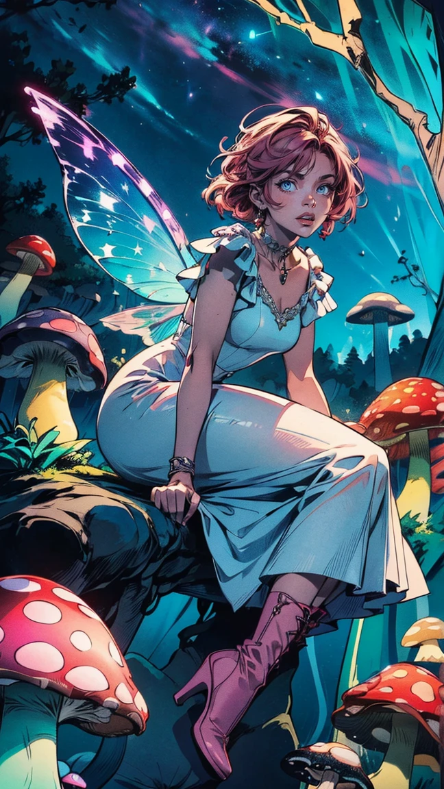 aa picture of an exquisite beautiful female fairy sitting on a (Bioluminescent Mushroom: 1.4) under the starry night sky at the forest, dynamic angle (ultra detailed, Masterpiece, best quality), ultra detailed face (ultra detailed, Masterpiece, best quality), ultra feminine, fare skin, (pink hair: 1.2), wavy hair, dynamic eyes color, glowing eyes, intense eyes, red lips, wearing white dress, elegant silk dress (ultra detailed, Masterpiece, best quality),  fairy wings DonMF41ryW1ng5XL (ultra detailed, Masterpiece, best quality), wearing high heeled boots, phosphorous glowing colouredglazecd_xl (Bioluminescent Mushroom: 1.3), with vibrant green shade, vibrant blue shade, glowing particle sky full of stars background, moon, beat details, best quality, 8k, [ultra detailed], masterpiece, best quality, (ultra detailed), full body, ultra wide shot, photorealism, fantasy art,