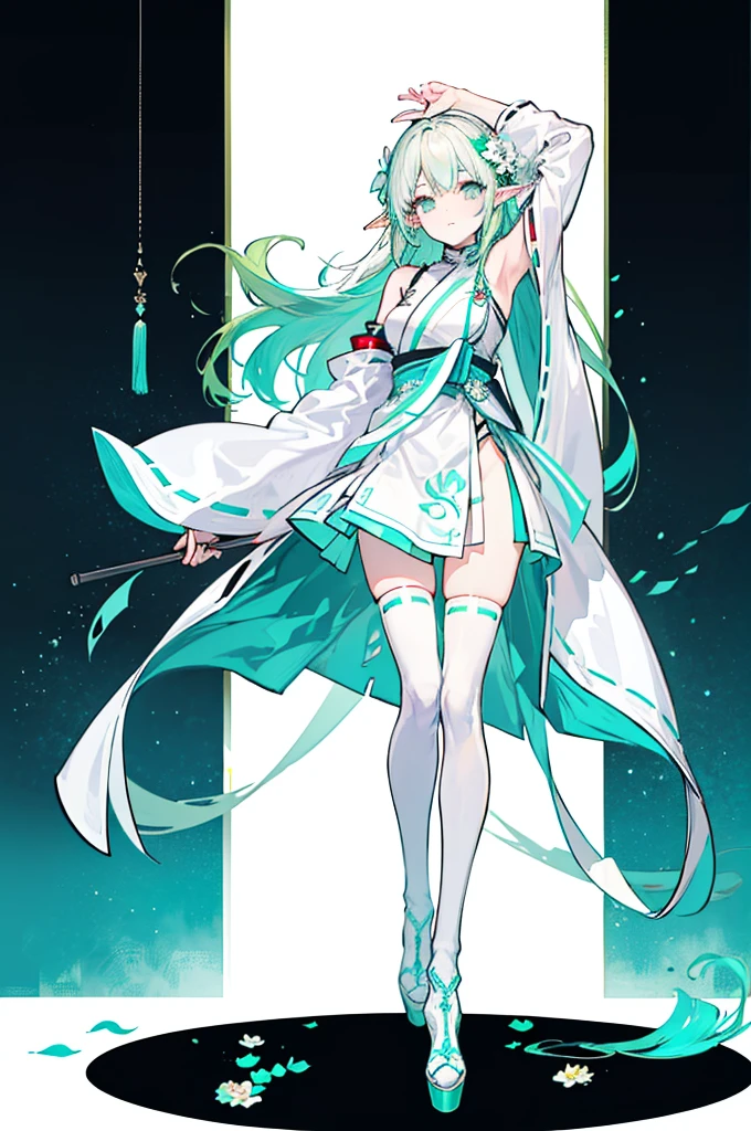 ((Long light green cyan hair))，purple eyes，Broken hair curtain，A faint smile， (chiffon dress, uniform white flower pattern)/= (military uniform: 1.24),(white miko thighhighs), high heeled boots,cropped shoulders，Elf Girl，Super good figure，Color hair cards，Place your hands in front of you，Raise your head slightly，short skirt，(+(white hair flower: 1.14)),((turquoise hair)),green hair,((green hair)),adult,adult,tall,((dynamic angle)),((dynamic pose)),