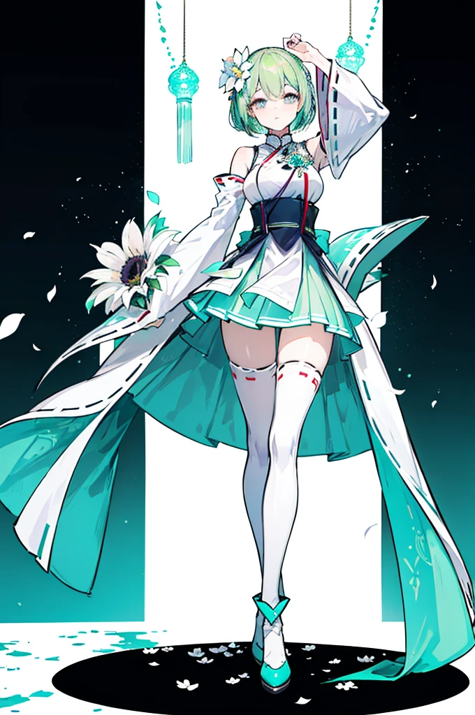 ((Long light green cyan hair))，purple eyes，Broken hair curtain，A faint smile， (chiffon dress, uniform white flower pattern)/= (military uniform: 1.24),(white miko thighhighs), high heeled boots,cropped shoulders，Elf Girl，Super good figure，Color hair cards，Place your hands in front of you，Raise your head slightly，short skirt，(+(white hair flower: 1.14)),((turquoise hair)),green hair,((green hair)),adult,adult,tall,((dynamic angle)),((dynamic pose)),