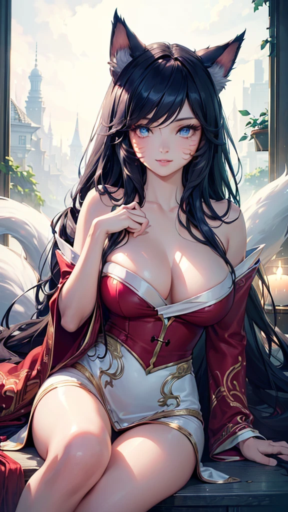 (best quality,ultra-detailed,realistic:1.37),Ahri,spa,luxurious,relaxing atmosphere,beautiful detailed eyes,beautiful detailed lips,smiling,bathrobe,sitting upright,black hair,nine white tails,peaceful background,portraits,vivid colors,soft lighting,tranquil ambiance