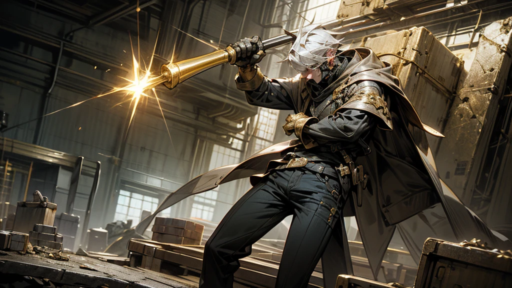 a man with a hammer in front of two silver blocks, man breaking a mold, high quality stock image, holding gold, high quality product image, Gold and silver, hyperrealistic illustration, Gold and silver