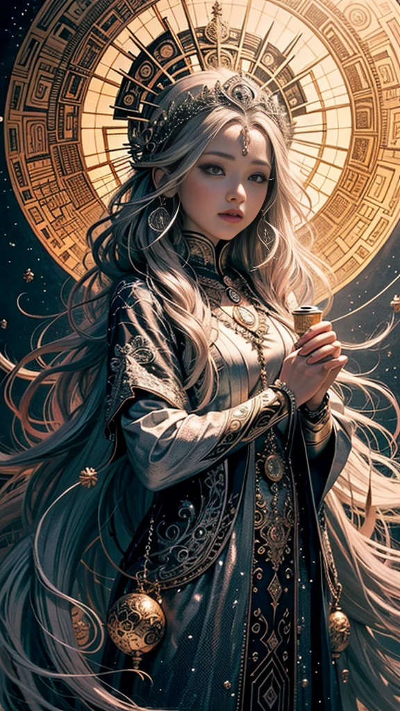 official art, 8k unit wallpaper, ultra detailed, beautiful and aesthetic, high quality, beautiful, masterpiece, best quality (zentangle, mandala, tangled, tangled: 0.6), a young goddess in her 20s, long silver hair, sun goddess,
