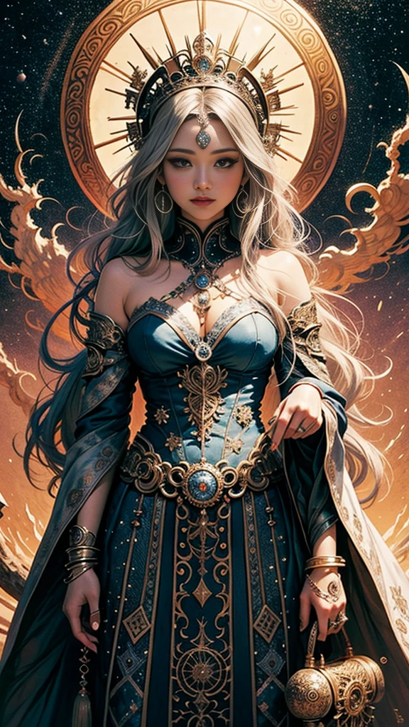 official art, 8k unit wallpaper, ultra detailed, beautiful and aesthetic, high quality, beautiful, masterpiece, best quality (zentangle, mandala, tangled, tangled: 0.6), a young goddess in her 20s, long silver hair, sun goddess,