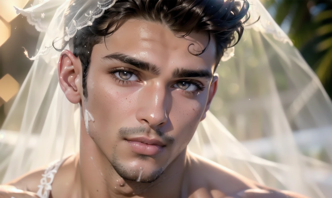 "((highly detailed, detailed eyes, detailed face, clear and realistic facial features, photorealistic, realistic light; cinematic)), (1 man), ((((summer home background)))), (((23-year-old male))), (((seductive sexy enigmatic gorgeous Iranian male model))), ((((acting enticing)))), ((seductive expression)), (((blushing))), ((dark brown eyes)), (((((dark Iranian skin))))), ((sexy ethnic Iranian man)), ((((mysterious eyes)))), (((long dark-brown natural eyelashes))), (((clean-shaven face))), ((white bridal veil)), ((white bride's lingerie)), (((posing seductively))."
