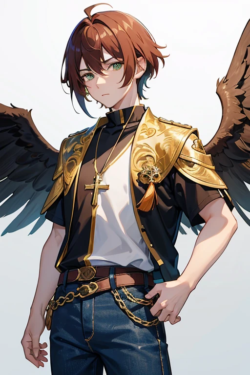 Xiao from Genshin Impact, boy, 16 years old, short reddish brown hair with strands in the bangs, green eyes, green open vest, black t-shirt with gold wings print, necklace with a gold cross, blue jeans, light brown belt, Looking at profile straight directly to viewer, white background.