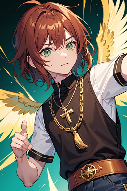 Xiao from Genshin Impact, boy, , short reddish brown hair with strands in the bangs, green eyes, green open vest, black t-shirt with gold wings print, necklace with a gold cross, blue jeans, light brown belt, Looking at profile straight directly to viewer, white background.