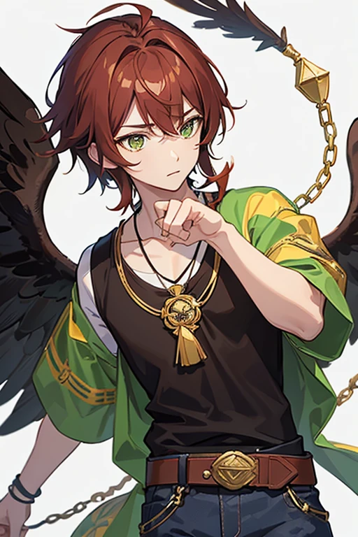 Xiao from Genshin Impact, boy, , short reddish brown hair with strands in the bangs, green eyes, green open vest, black t-shirt with gold wings print, necklace with a gold cross, blue jeans, light brown belt, Looking at profile straight directly to viewer, white background.