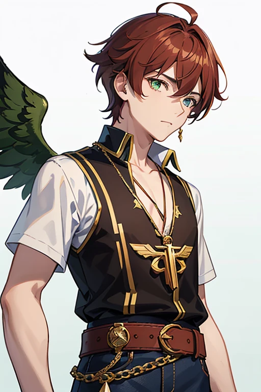 Xiao from Genshin Impact, boy, 16 years old, short reddish brown hair with strands in the bangs, green eyes, green open vest, black t-shirt with gold wings print, necklace with a gold cross, blue jeans, light brown belt, Looking at profile straight directly to viewer, white background.