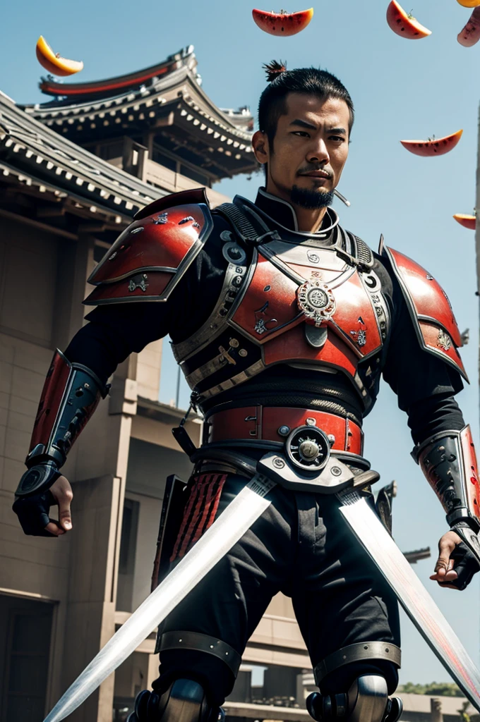 A cyborg samurai cuts a bunch of flying fruits in the air