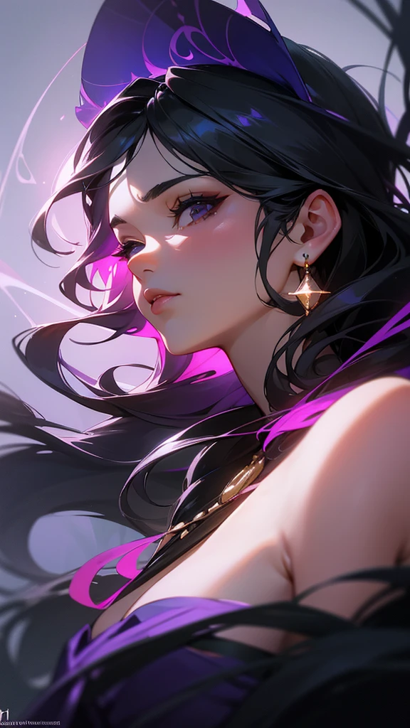 a woman with black eyes and long black hair, wearing a beautiful purple spring dress, with a large bust, detailed portrait, hyper realistic, 8k, high quality, photorealistic, cinematic lighting, dramatic colors, elegant, graceful, charming, alluring, mysterious, atmospheric, captivating gaze, flowing dress, lush fabric, intricate details, glowing skin, flawless complexion, long lashes, well-defined features, opulent, luxurious, dreamlike, ethereal, exquisite, mesmerizing, stunning, breathtaking