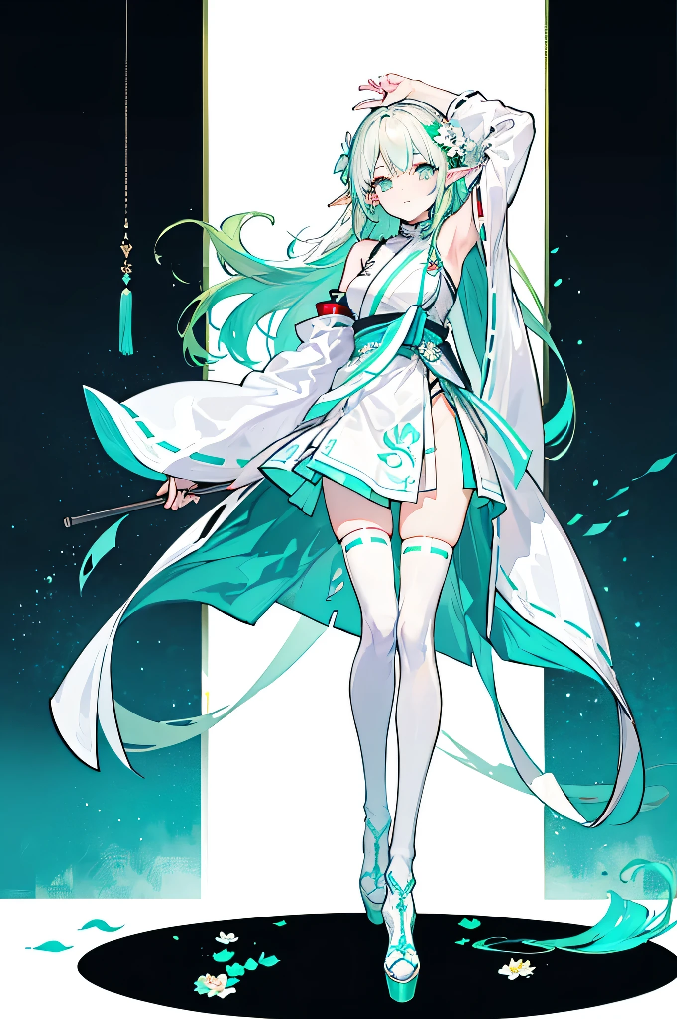 ((Long light green cyan hair)),purple eyes,Broken hair curtain,A faint smile, (chiffon dress, uniform white flower pattern)/= (military uniform: 1.24),(white miko thighhighs), high heeled boots,cropped shoulders,Elf Girl,Super good figure,Color hair cards,Place your hands in front of you,Raise your head slightly,short skirt,(+(white hair flower: 1.14)),((turquoise hair)),green hair,((green hair)),adult,adult,tall,((dynamic angle)),((dynamic pose)),