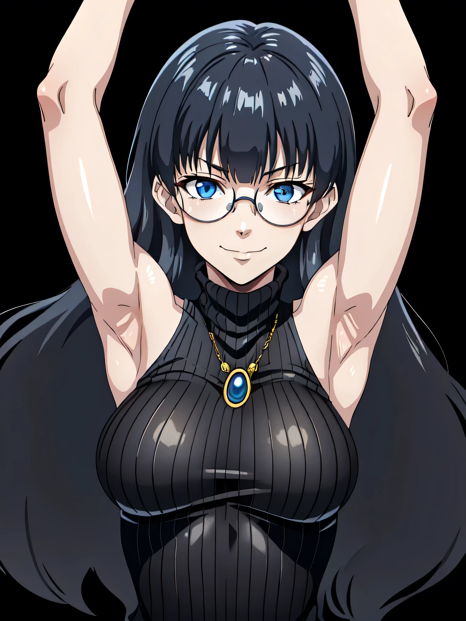 Roberta, blue eyes, glasses, jewelry, opaque glasses, (long hair, very long hair:1.2), bangs, round eyewear, black hair, sweater, ribbed sweater, ribbed, turtleneck, black sweater, sleeveless sweater, sleeveless, bare shoulders, bare arms, 1girl, solo, anime screencap, frontlighting, (simple background, black background, dark background:1.3), masterpiece, absurdres, hdr, soft light, best quality, detailed, highres, shiny skin, shiny hair, (looking at viewer, eye contact with viewer:1.5), smile, smug, (closed mouth:1.2), arms up, raised arms, armpits, in the center, symmetrical, upright,