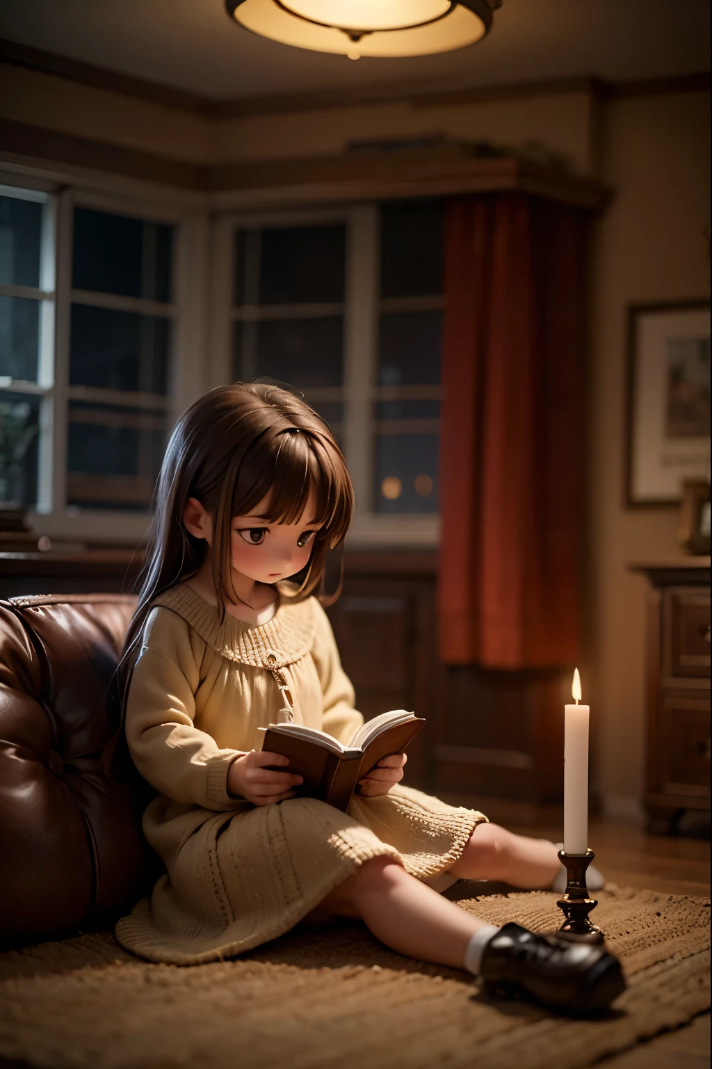 a girl reads a book sitting on the floor illuminated by candles behind her there is a bay window from which you can see the