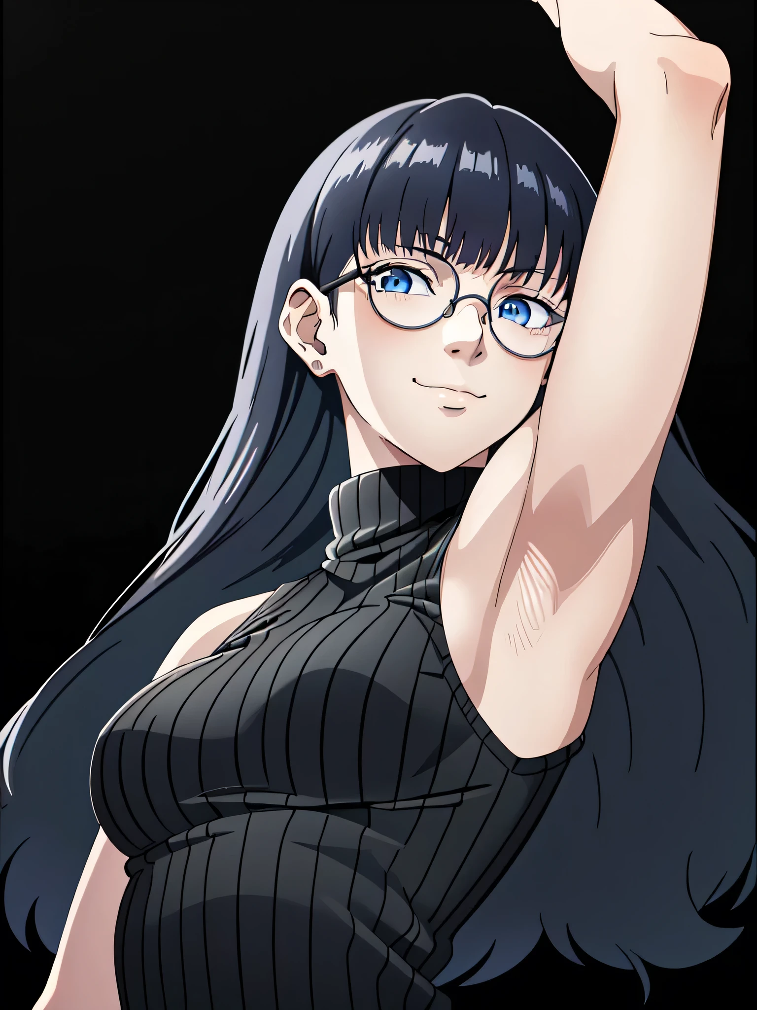 Roberta, blue eyes, glasses, jewelry, opaque glasses, (long hair, very long hair:1.2), bangs, round eyewear, black hair, sweater, ribbed sweater, ribbed, turtleneck, black sweater, sleeveless sweater, sleeveless, bare shoulders, bare arms, 1girl, solo, anime screencap, frontlighting, (simple background, black background, dark background:1.3), masterpiece, absurdres, hdr, soft light, best quality, detailed, highres, shiny skin, shiny hair, (looking at viewer, eye contact with viewer:1.5), smile, smug, (closed mouth:1.2), arms up, raised arms, armpits, in the center, symmetrical, upright,