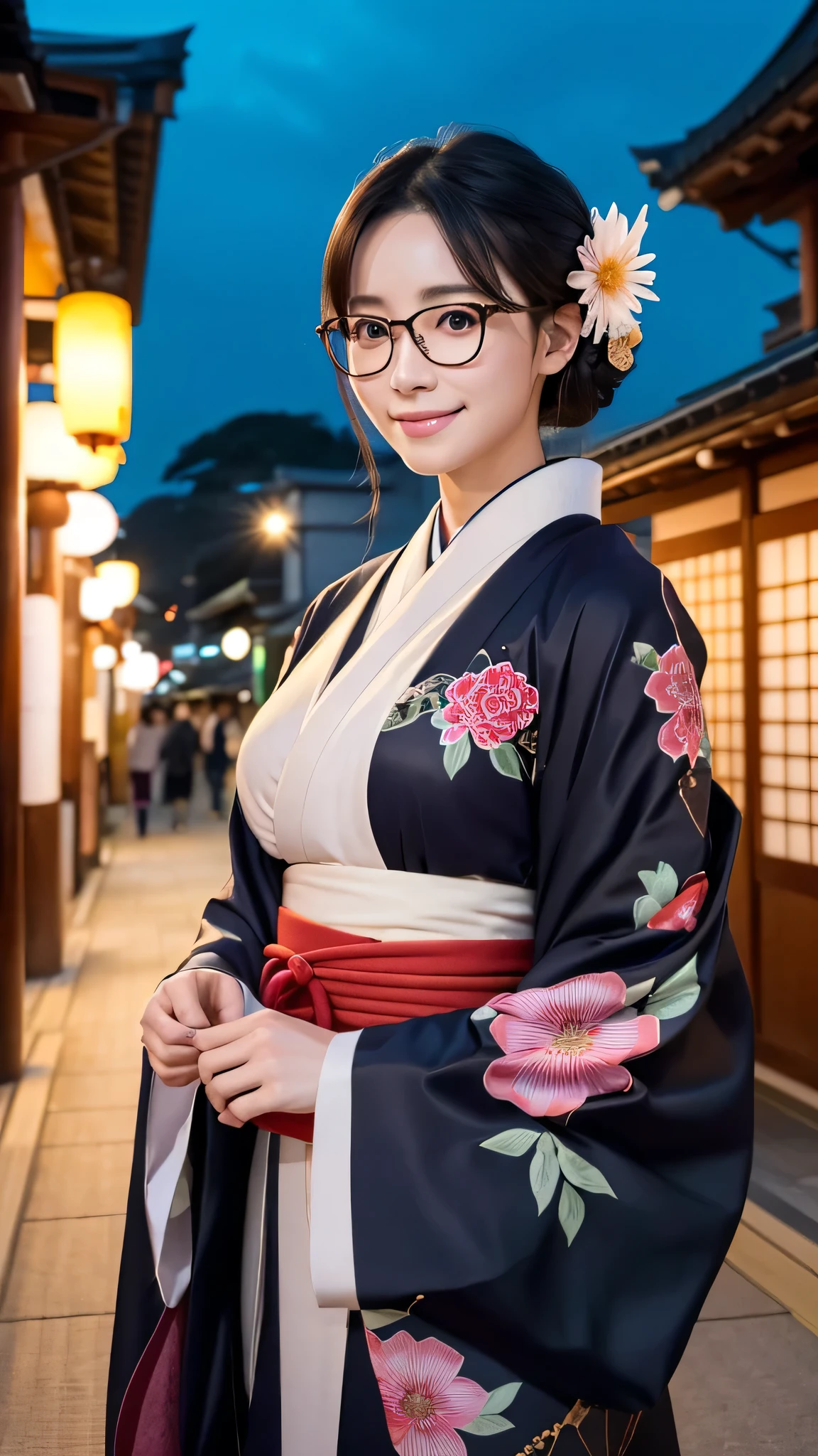 (Super beautiful woman in kimono)、((highest quality、8K masterpiece:1.3))、sharp focus:1.2、(super beautiful face:1.0)、(shiny skin:1.0)、realistic pictures、black hair、video lighting、High resolution eyes and face、video lighting、japanese actress、from the front、big breasts、with a happy smile、Slender abs beauty、whole body、wearing a kimono、in Kyoto、(((luxury obi)))、In Kyoto at night、wearing glasses with no edge、with a fan、Fireworks Display