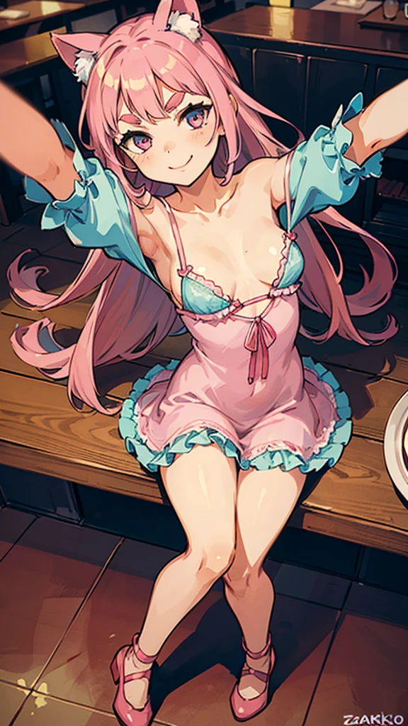 Girl with pink hair, long double-tailed hairstyle, ((small pink bushy eyebrows)), wearing ta clothing, marked vagina, loli(Zankuro) drawing style by zankuro artist, Zancro style, image uploaded to R34, flirty smile , ((showing the pubes)) in a restaurant, facing the camera, camera from above, looking with a very flirtatious face, with her breasts out, inviting to have sex with her legs open, stretching her hands to be taken in her arms