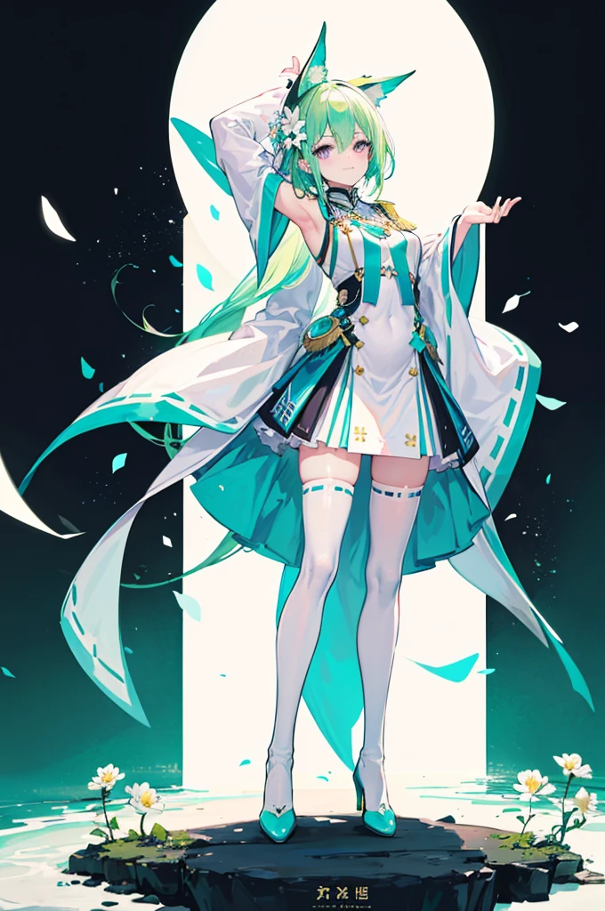((Long light green cyan hair)),purple eyes,Broken hair curtain,A faint smile, (chiffon dress, uniform white flower pattern)/= (military uniform: 1.24),(white miko thighhighs), high heeled boots,cropped shoulders,Elf Girl,Super good figure,Color hair cards,Place your hands in front of you,Raise your head slightly,short skirt,(+(white hair flower: 1.14)),((turquoise hair)),green hair,((green hair)),adult,adult,tall,((dynamic angle)),((dynamic pose)),((bridge background)),standing on the bridge,