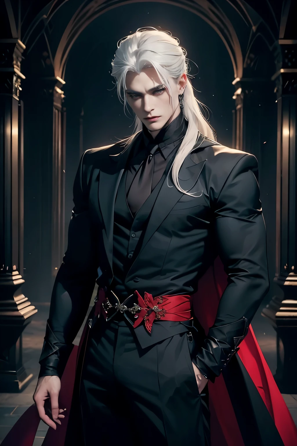 ((Best quality)), ((masterpiece)), 8k (detailed), ((perfect face)), perfect proporcions, ((halfbody)) he is a sorcerer, he is 40 years old, he dresses in a black and red suit, elegante, gothic style, he has blue eyes, he has long wavy white hair, he is in a ballroom, ballroom, he is strong and muscular, he has the bare torso, he is a vampire ((perfect face)) sexy male, gothic make up ((fullfbody)) white hair, he is very elegante, dominant, man face, ((perfect eyes)), white hair, 